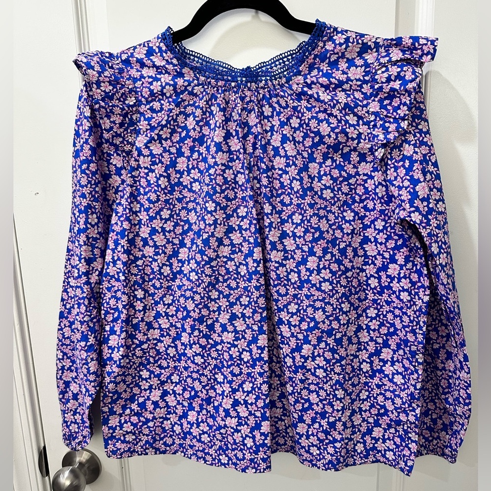 J. Crew Blue and White Flutter Sleeve Blouse with Ruffled Smocked Details - Sm